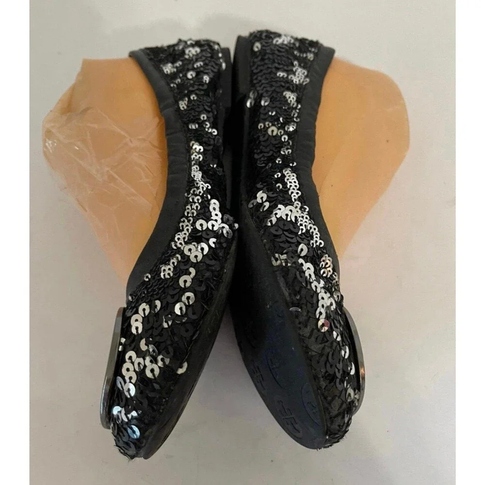 TORY BURCH REVA BLACK SEQUIN LOGO FLATS SIZE 7M